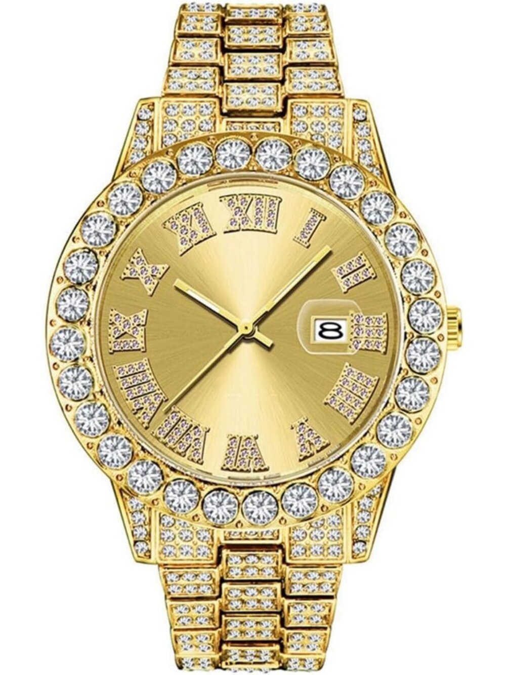 Men's All Gold Analog Crystal Rhinestone Diamond Iced-Out Bracelet Wrist Watch